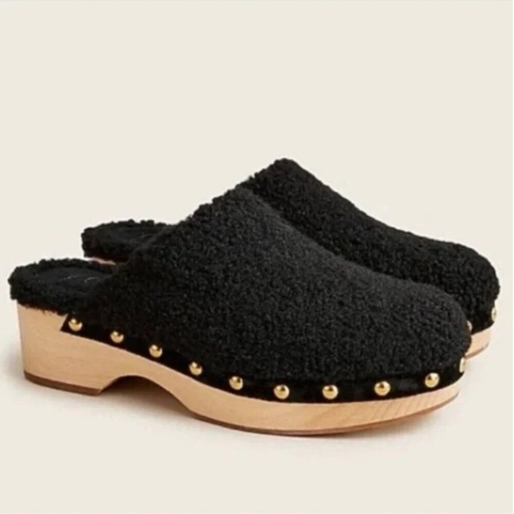J. Crew Black Sherpa Wooden Platform Studded Clogs Sz 6.5